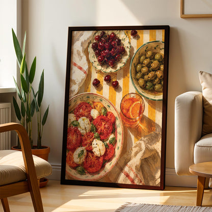 Mediterranean Kitchen Scene Art Print – Framed Caprese Salad & Olives Wall Decor – Italian Food Illustration