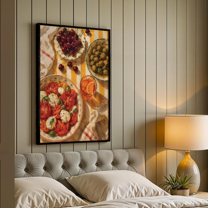 Mediterranean Kitchen Scene Art Print – Framed Caprese Salad & Olives Wall Decor – Italian Food Illustration