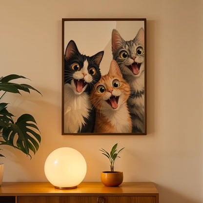 Excited Cat Trio Art Print – Framed Funny Cat Wall Decor – Whimsical Nursery & Kids Room Poster