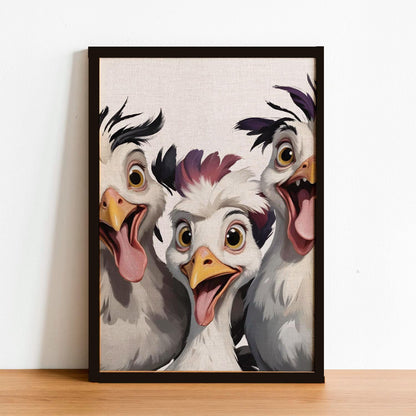 Excited Chicken Trio Art Print – Framed Funny Chicken Wall Decor – Whimsical Farmhouse Poster