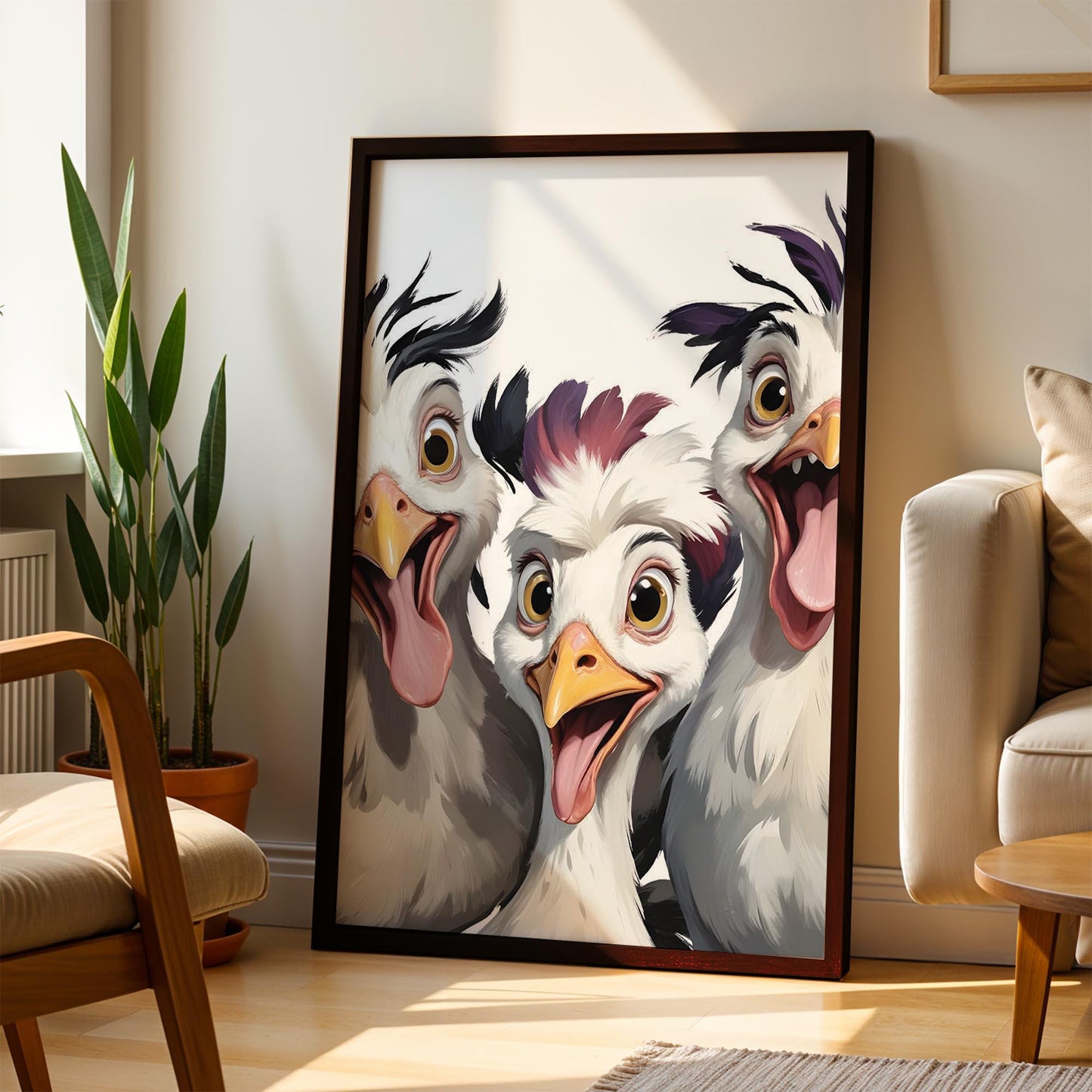 Excited Chicken Trio Art Print – Framed Funny Chicken Wall Decor – Whimsical Farmhouse Poster