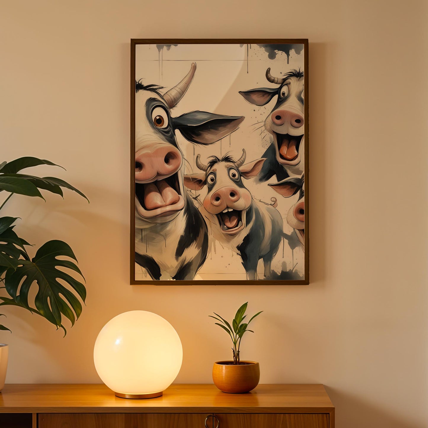 Excited Cow Trio Art Print – Framed Funny Cow Wall Decor – Whimsical Modern Farmhouse Poster