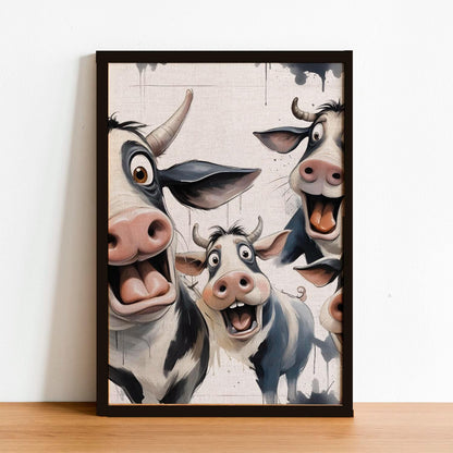 Excited Cow Trio Art Print – Framed Funny Cow Wall Decor – Whimsical Modern Farmhouse Poster