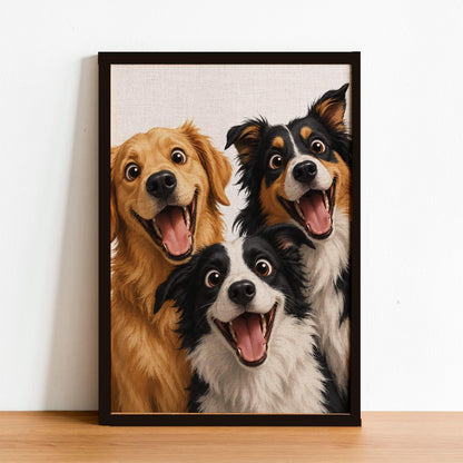 Excited Dog Trio Art Print – Framed Funny Dog Wall Decor – Whimsical Modern Pet Poster