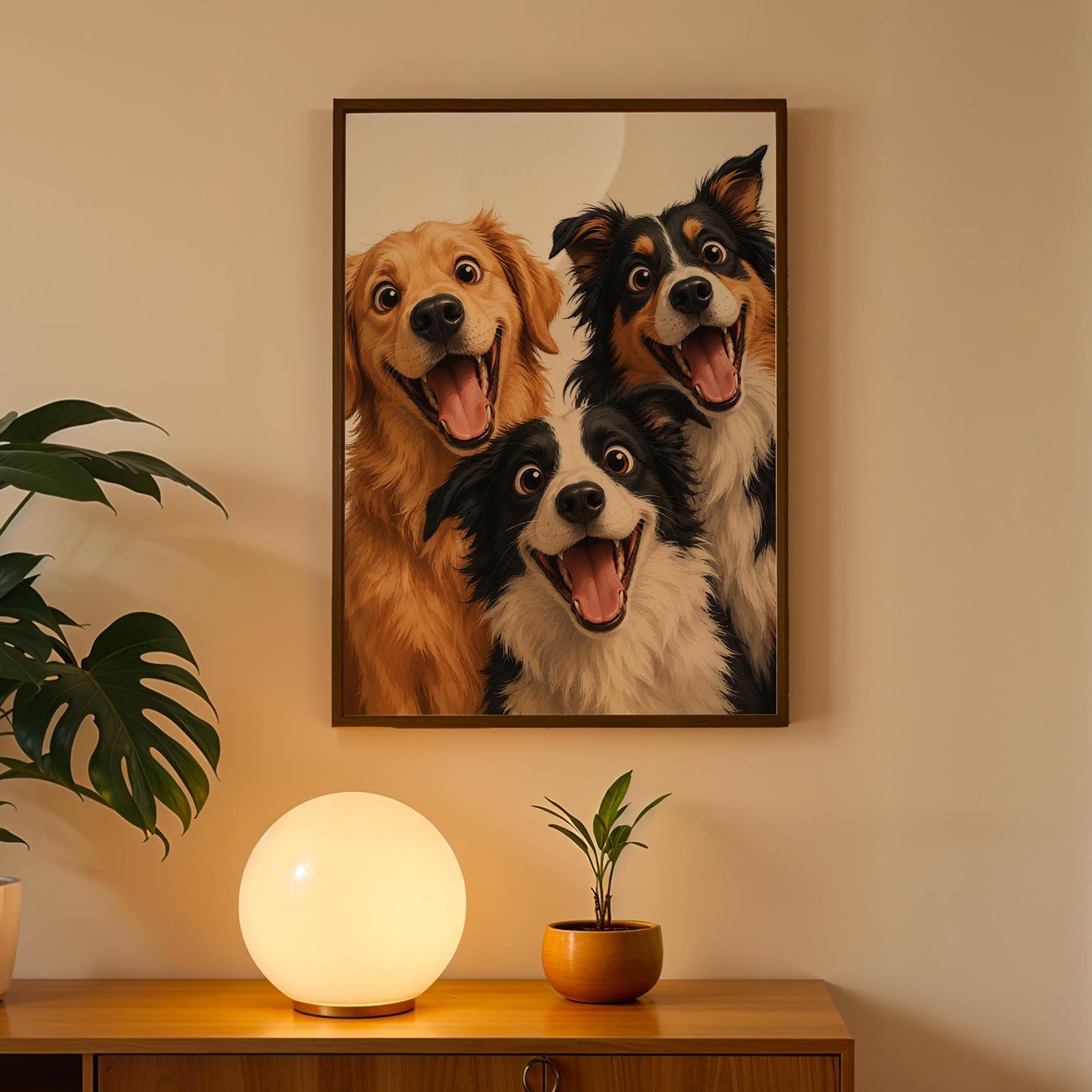 Excited Dog Trio Art Print – Framed Funny Dog Wall Decor – Whimsical Modern Pet Poster