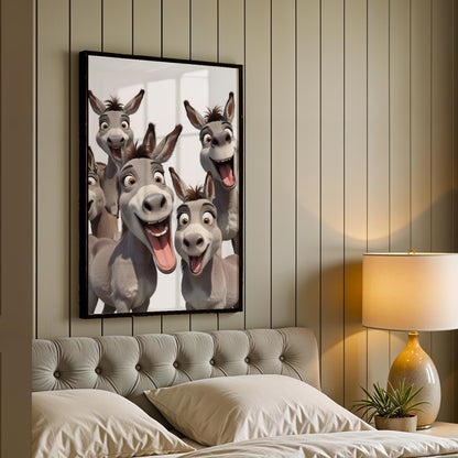 Excited Donkey Trio Art Print – Framed Funny Donkey Wall Decor – Cheeky Home Decor - Bathroom Wall Art