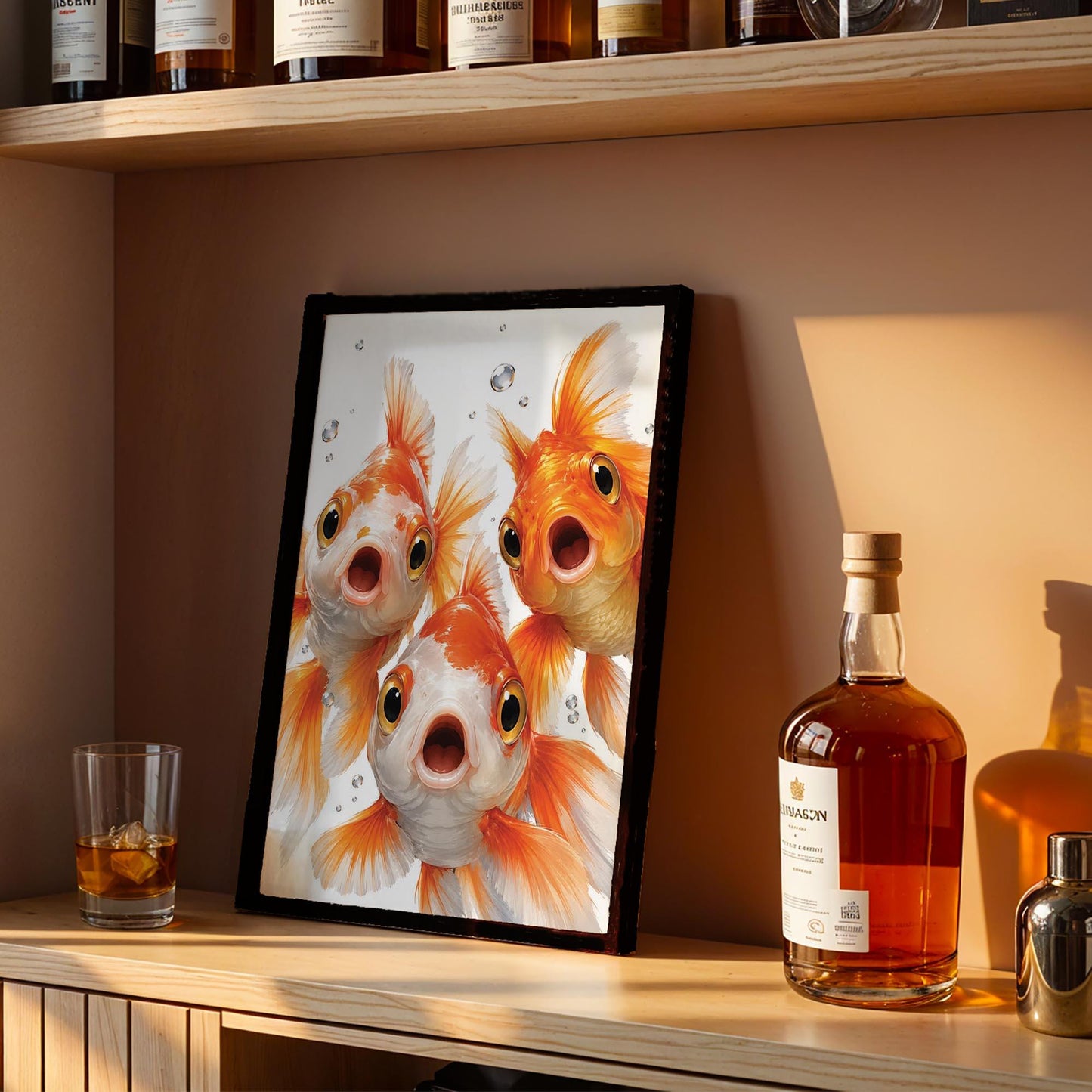 Funny Goldfish Wall Art – Framed Bubbly Fish Print – Whimsical Nursery & Bathroom Decor – Unique Pet Lover Gift