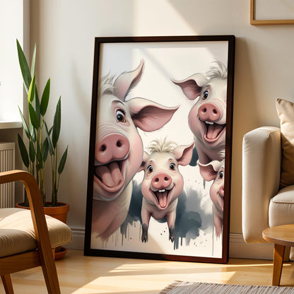Funny Pig Wall Art – Framed Happy Farm Animal Print – Whimsical Nursery & Kitchen Decor – Unique Farmhouse Gift