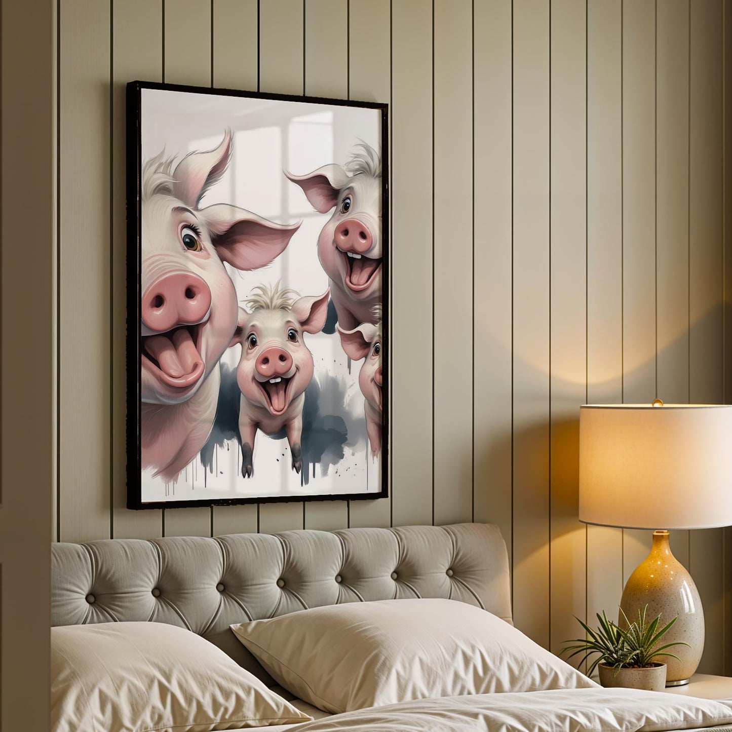 Funny Pig Wall Art – Framed Happy Farm Animal Print – Whimsical Nursery & Kitchen Decor – Unique Farmhouse Gift