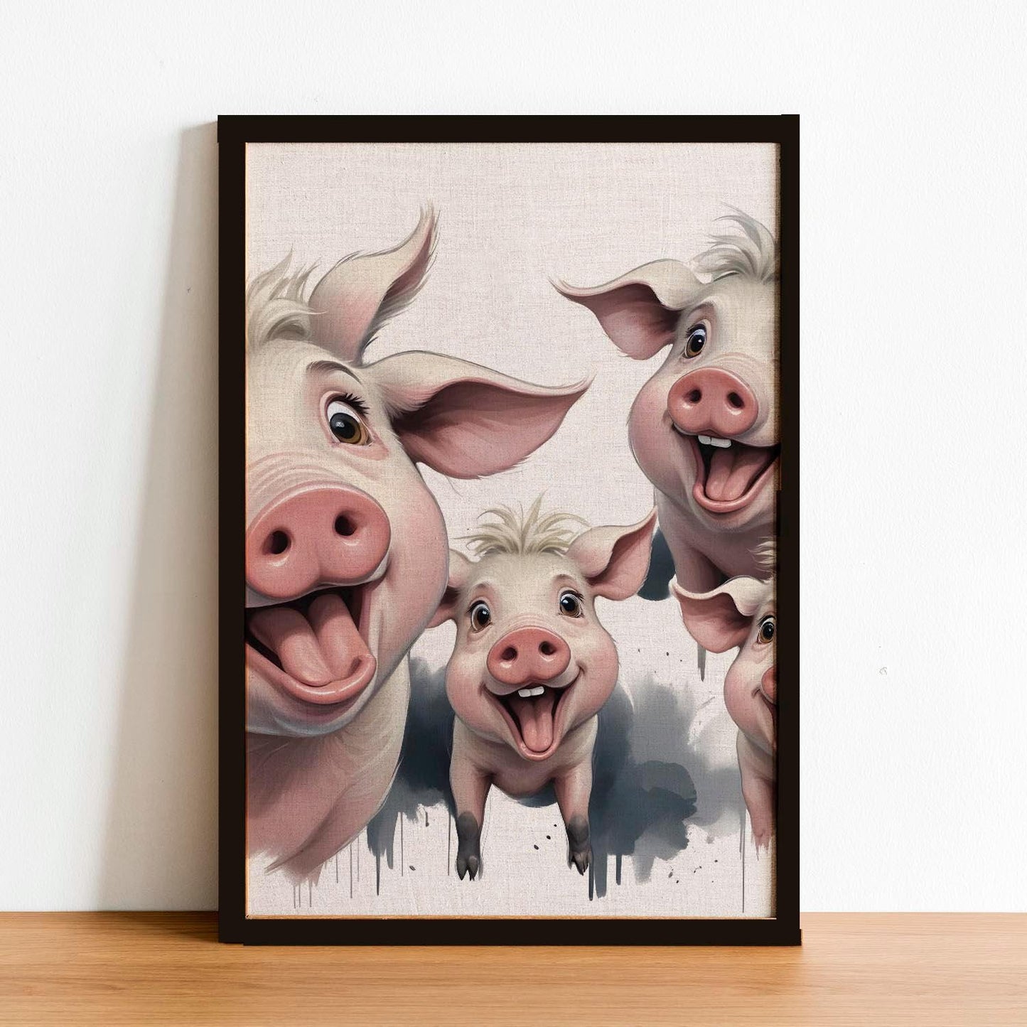 Funny Pig Wall Art – Framed Happy Farm Animal Print – Whimsical Nursery & Kitchen Decor – Unique Farmhouse Gift