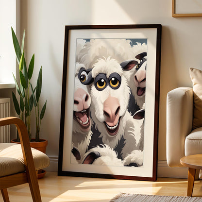 Whimsical Sheep Art Print – Quirky Farm Animal Poster – Eclectic Maximalist Room Decor – Framed Nursery & Kitchen Wall Art – Farmhouse Gift