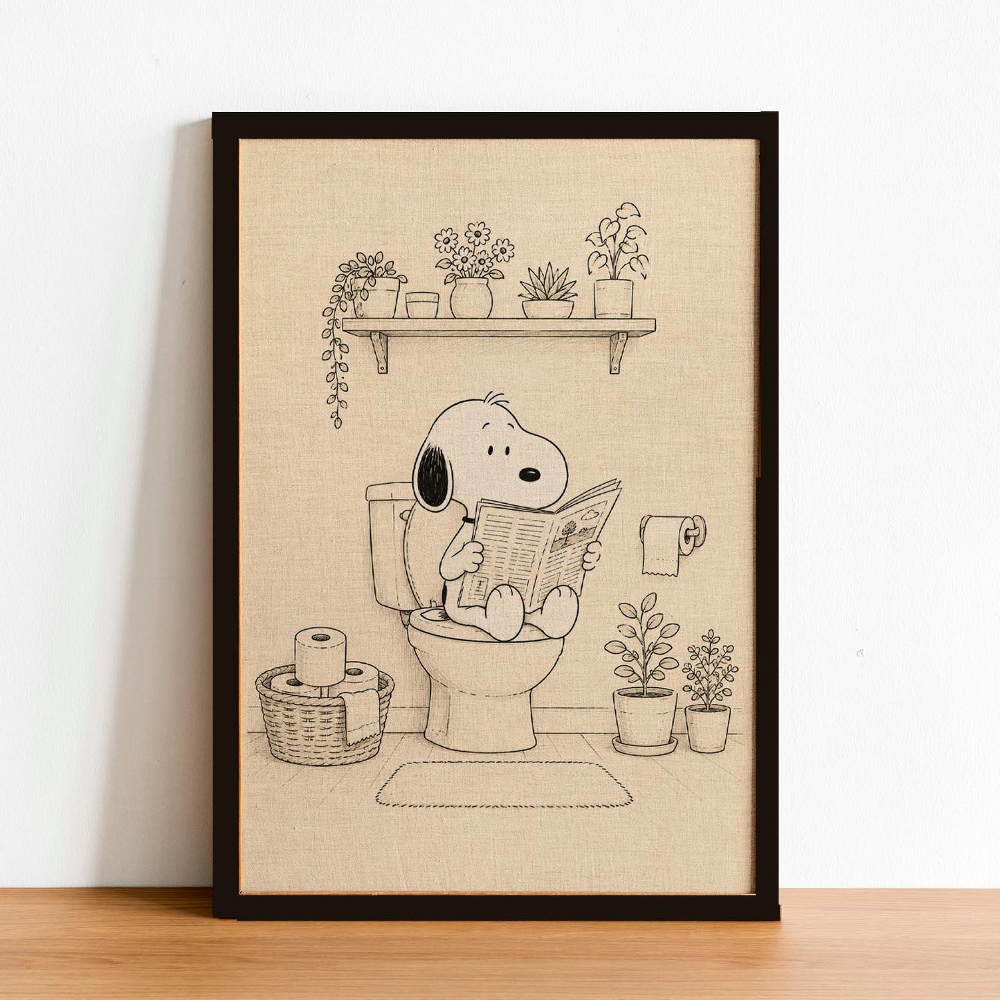 Funny Bathroom Wall Art – Dog on Toilet Print – Retro Cartoon Dog Poster – Guest Bath Decor – Black & White Humorous Restroom Art