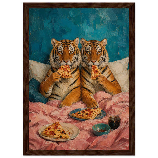 Maximalist Tiger Wall Art – Weird Eclectic Oil Painting – Funny Animal Eating Pizza Print – Colorful Kitsch Home Decor – Movie Night Poster